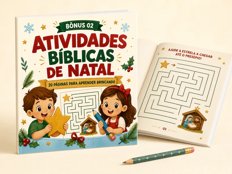 Bônus 02: Atividades Bíblicas de Natal — capa e página de labirinto