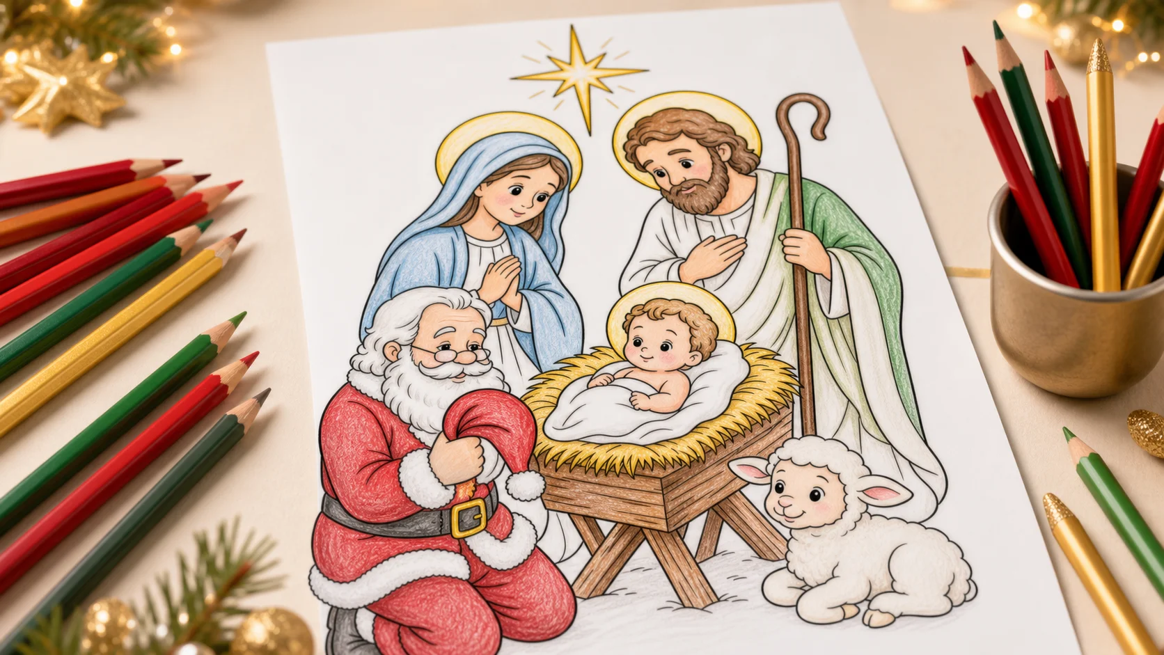 Papai Noel ajoelhado, de forma respeitosa, diante do Menino Jesus na manjedoura — o desenho símbolo da coleção