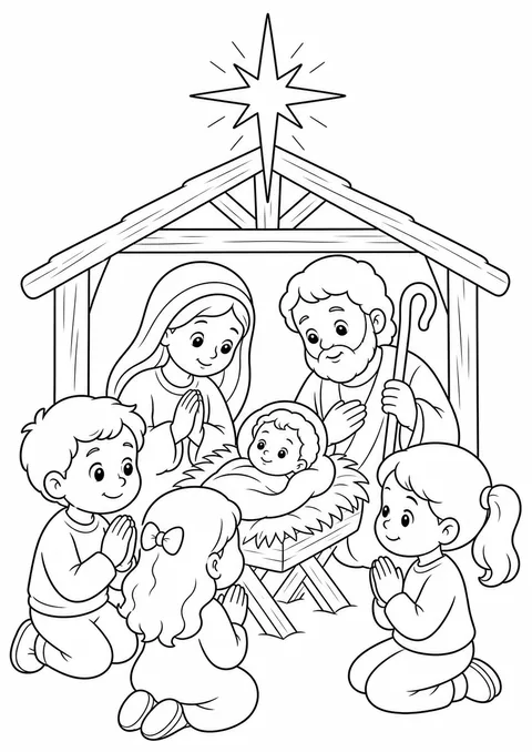 Desenho de crianças orando diante do presépio