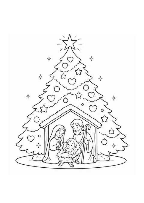 Desenho de árvore de Natal com presépio na base