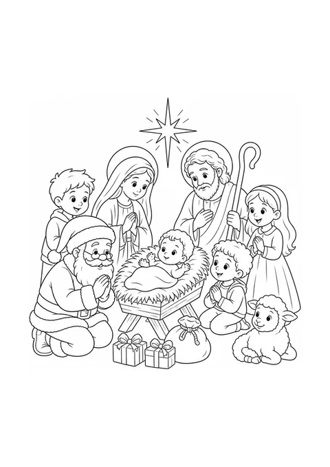 Desenho de Jesus ao centro com crianças e o Papai Noel