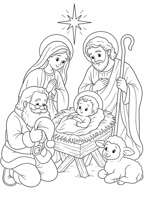 Desenho do Papai Noel orando diante do menino Jesus