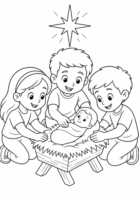 Desenho de crianças montando o presépio
