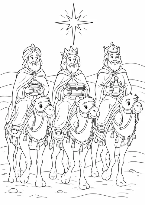 Desenho dos Reis Magos seguindo a estrela pelo deserto