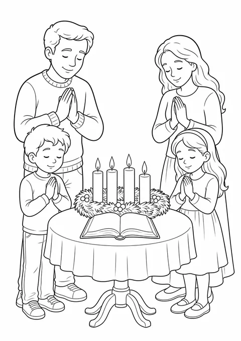 Desenho de família orando com as velas do advento
