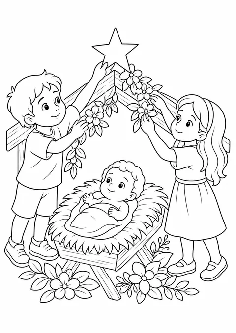 Desenho de crianças decorando o presépio com flores