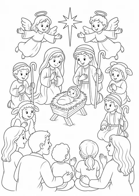 Desenho de crianças encenando o nascimento de Jesus