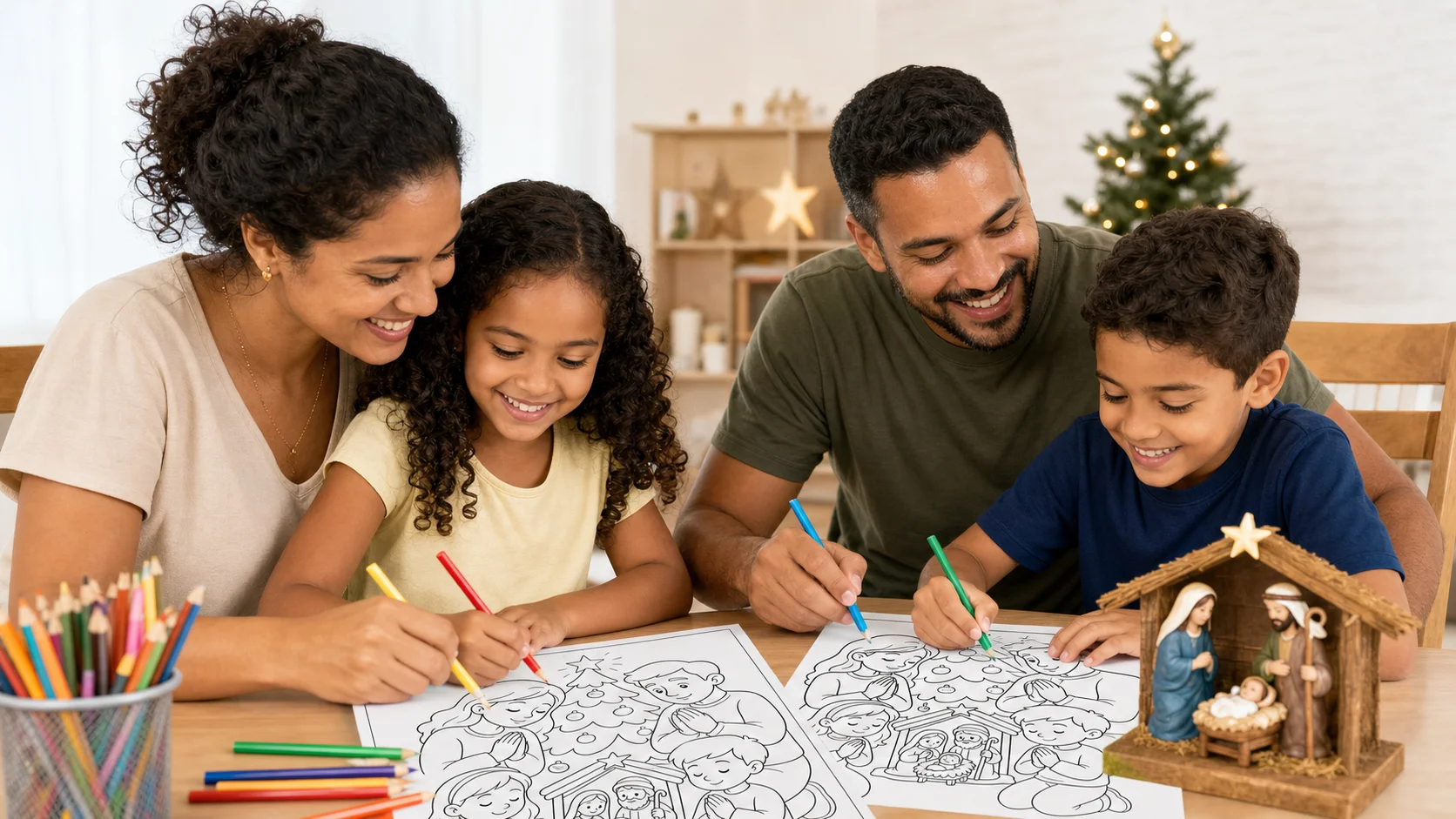 Família colorindo os desenhos do Natal Pintado com Fé juntos, à mesa