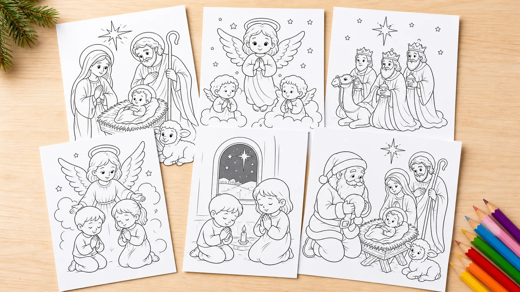 Galeria de desenhos do Natal Pintado com Fé — Edição Infantil, prontos para imprimir e colorir