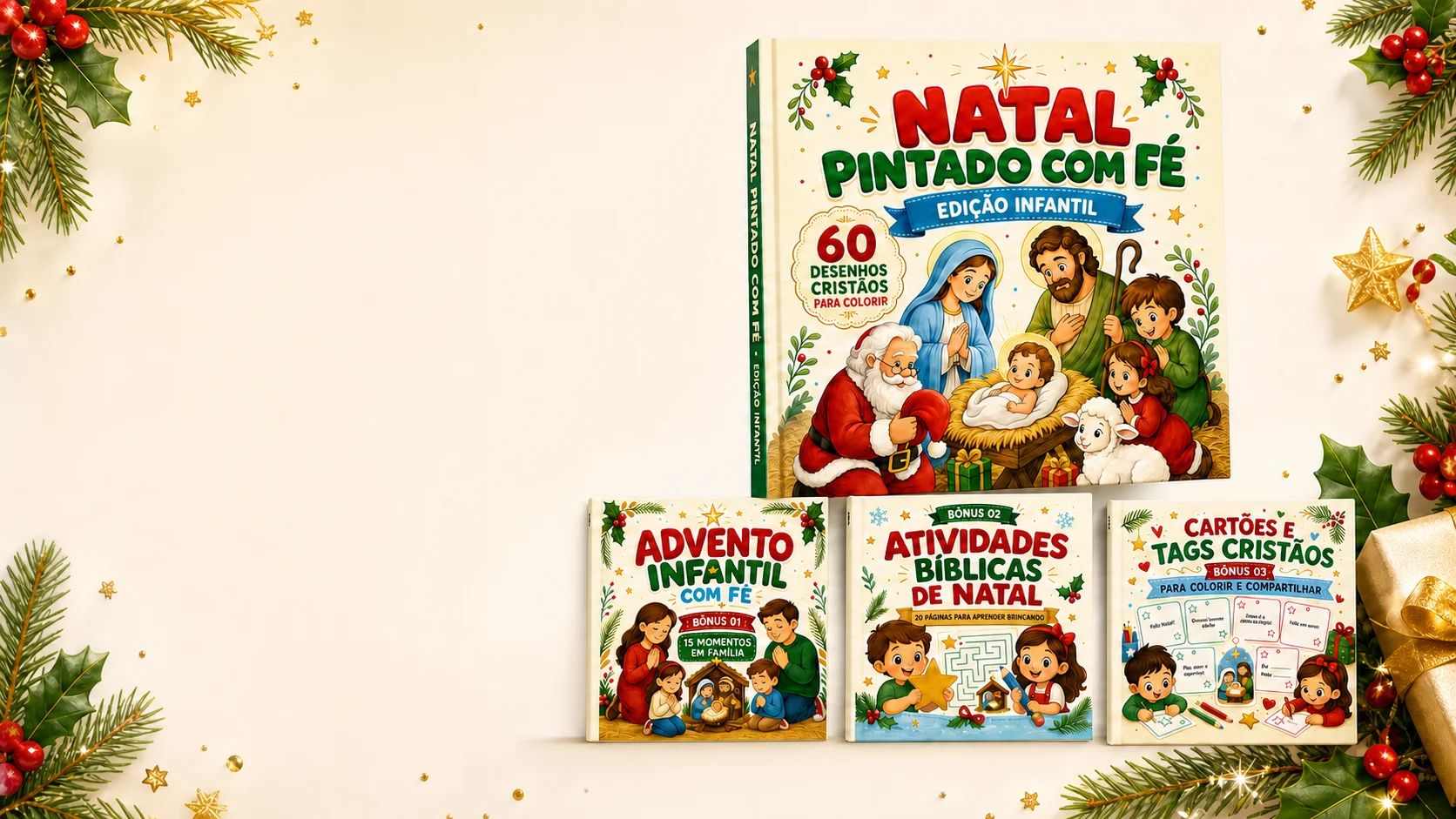 Natal Pintado com Fé — Edição Infantil: capa com 60 desenhos cristãos para colorir, ao lado dos três bônus Advento Infantil com Fé, Atividades Bíblicas de Natal e Cartões e Tags Cristãos
