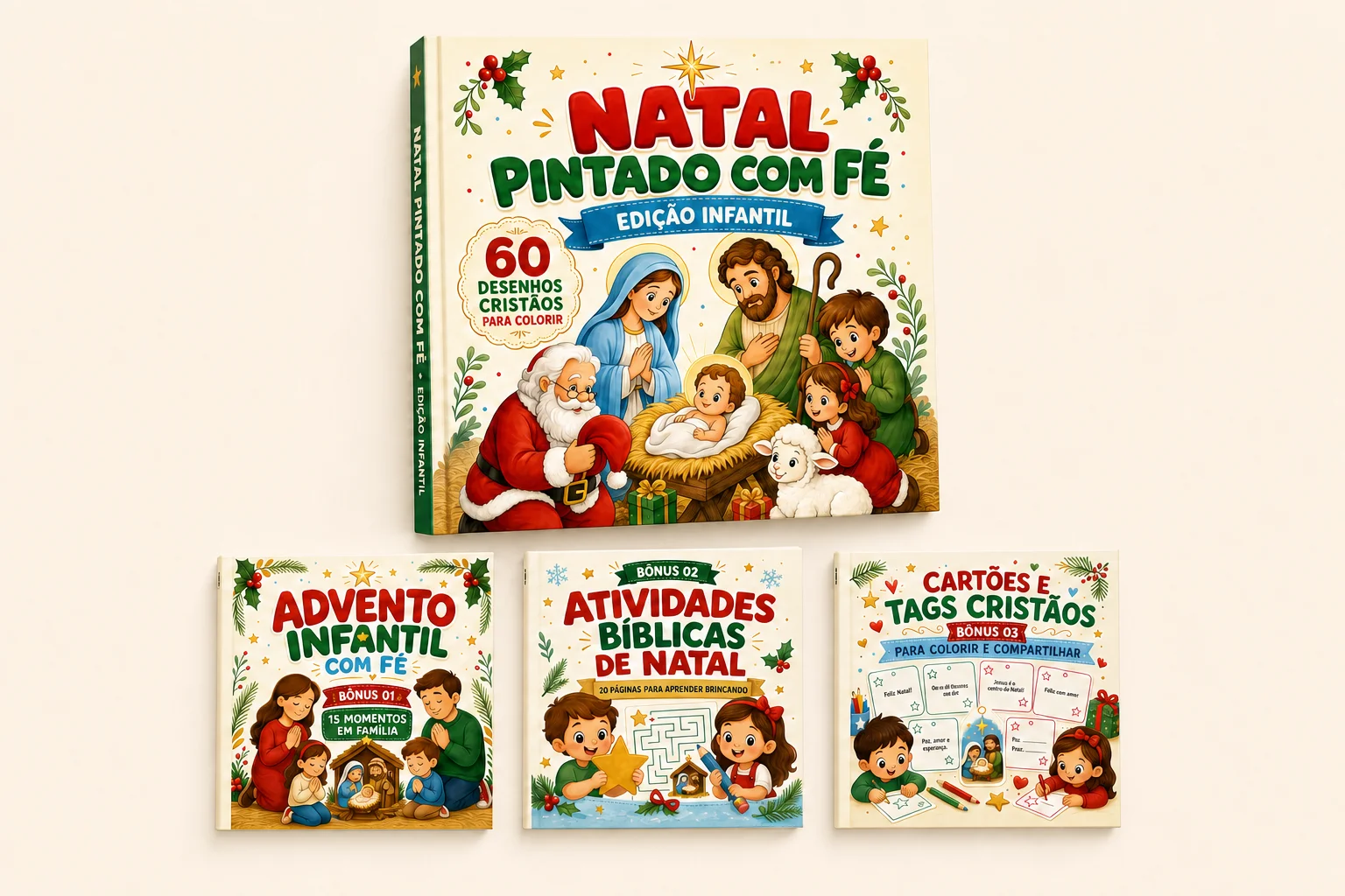 Natal Pintado com Fé completo: 60 desenhos cristãos infantis mais os três bônus — Advento Infantil com Fé, Atividades Bíblicas de Natal e Cartões e Tags Cristãos