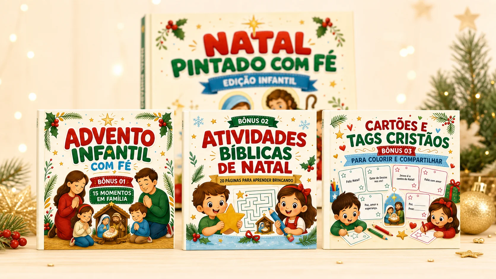 Os três bônus do Natal Pintado com Fé — Edição Infantil: Advento Infantil com Fé, Atividades Bíblicas de Natal e Cartões e Tags Cristãos para Colorir